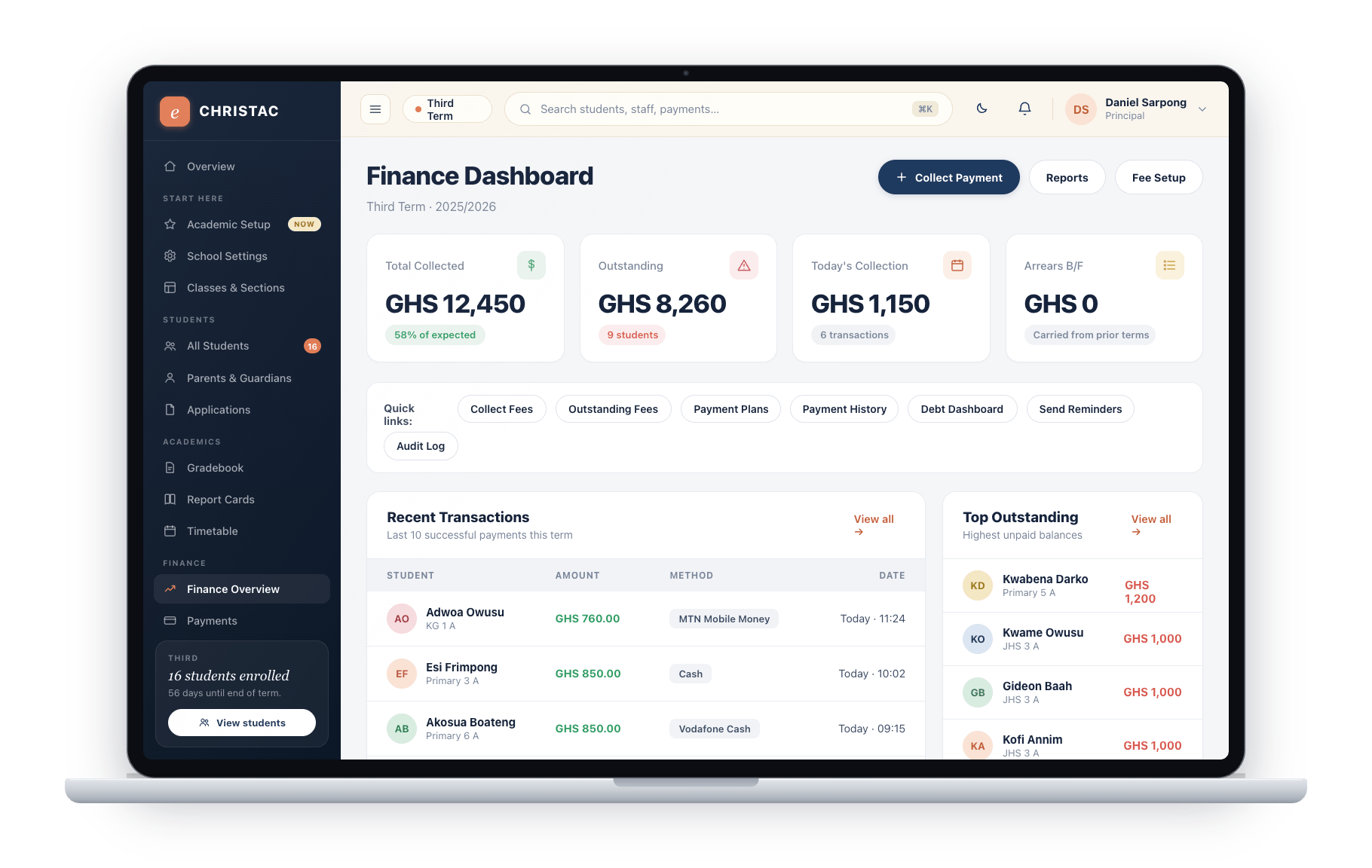 EduCore finance dashboard