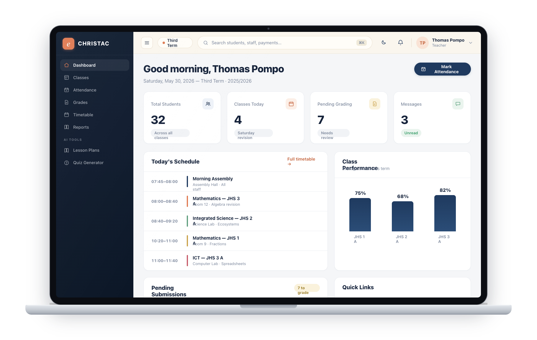 EduCore teacher dashboard