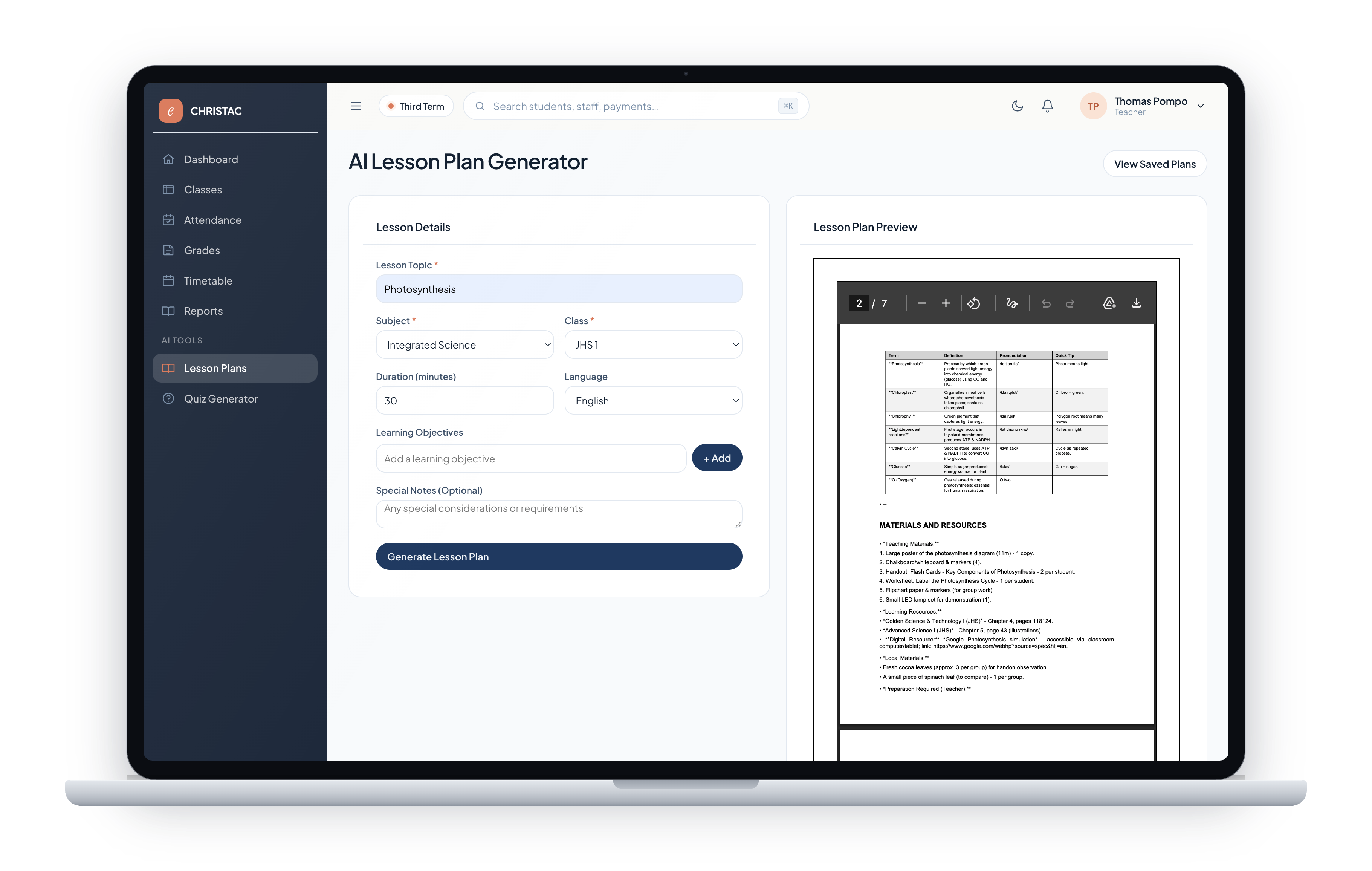 EduCore teacher lesson plan generator
